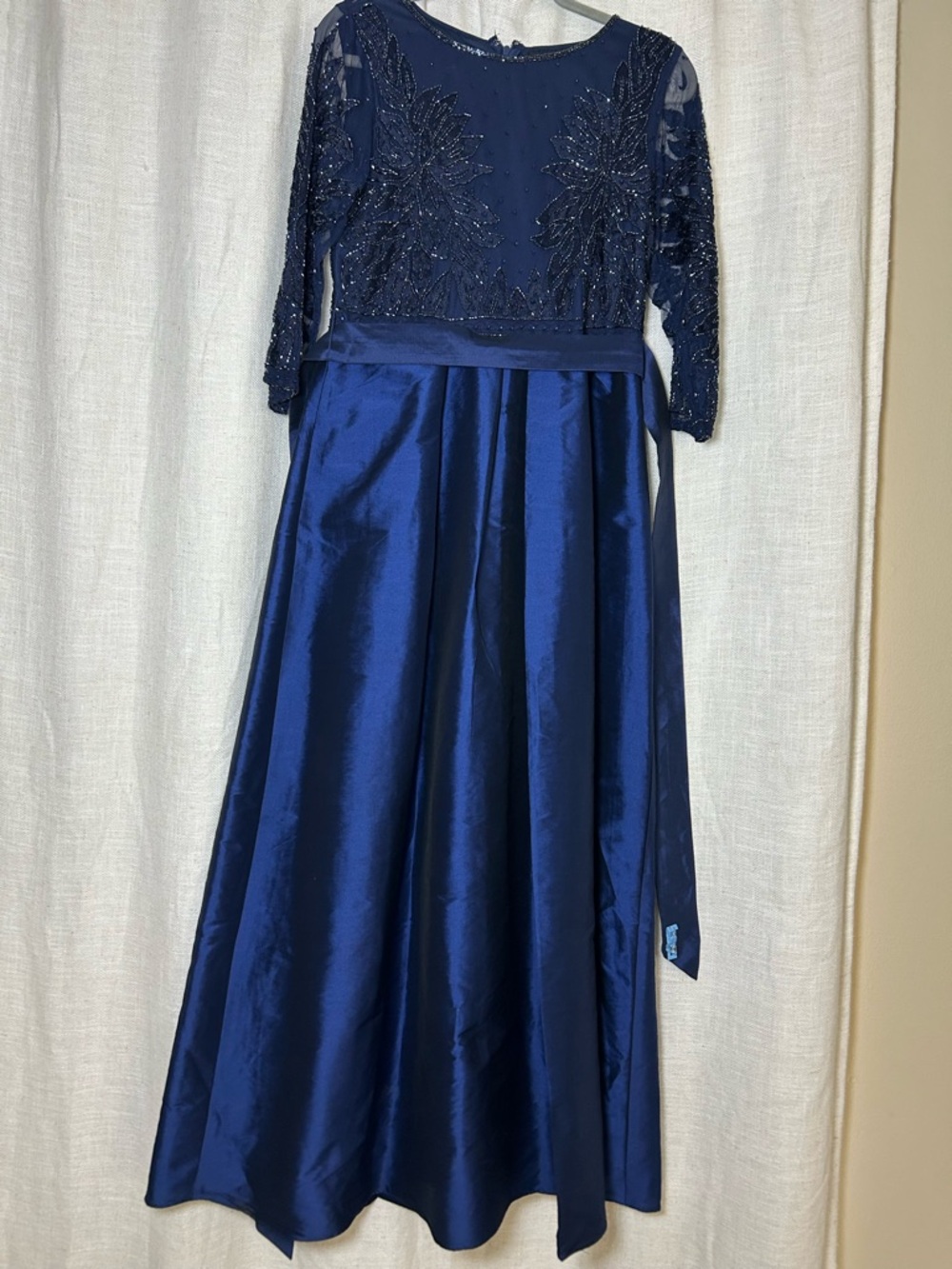 Pisarro Nights Navy Beaded Lace Bodice Satin Skirt Formal Dress